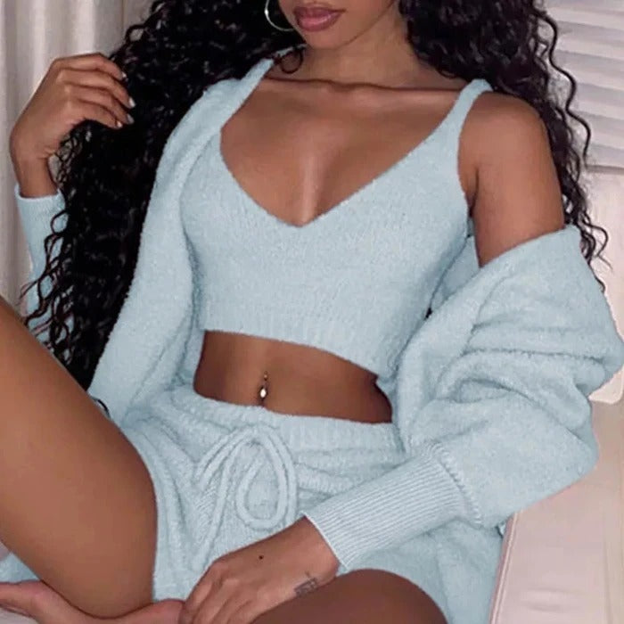 Cozy 3PCS Women’s Pajama Set – Trendy Crop Top & Shorts