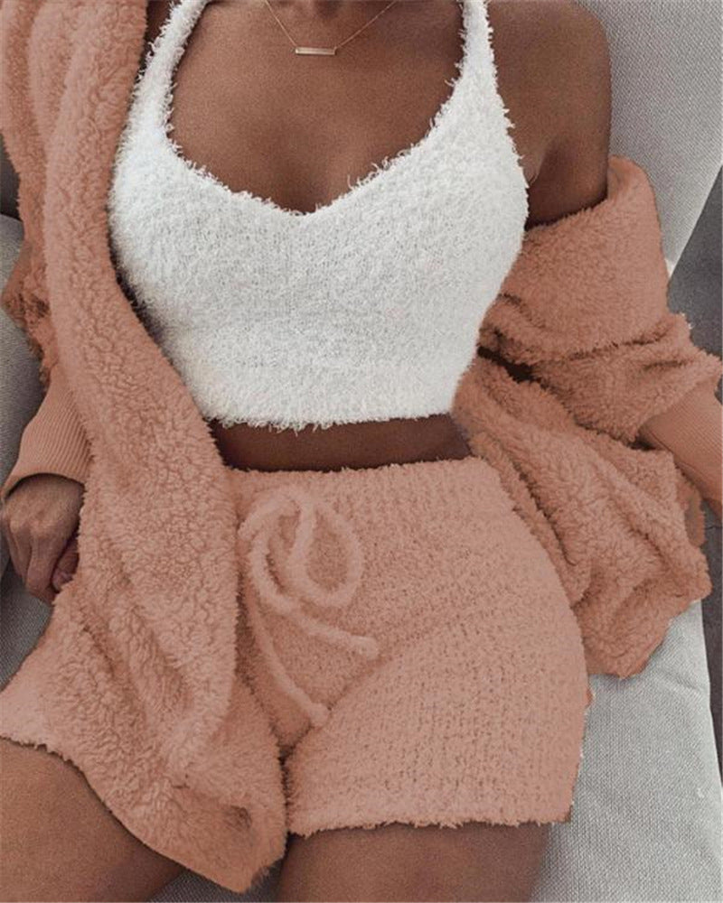 Cozy 3PCS Women’s Pajama Set – Trendy Crop Top & Shorts