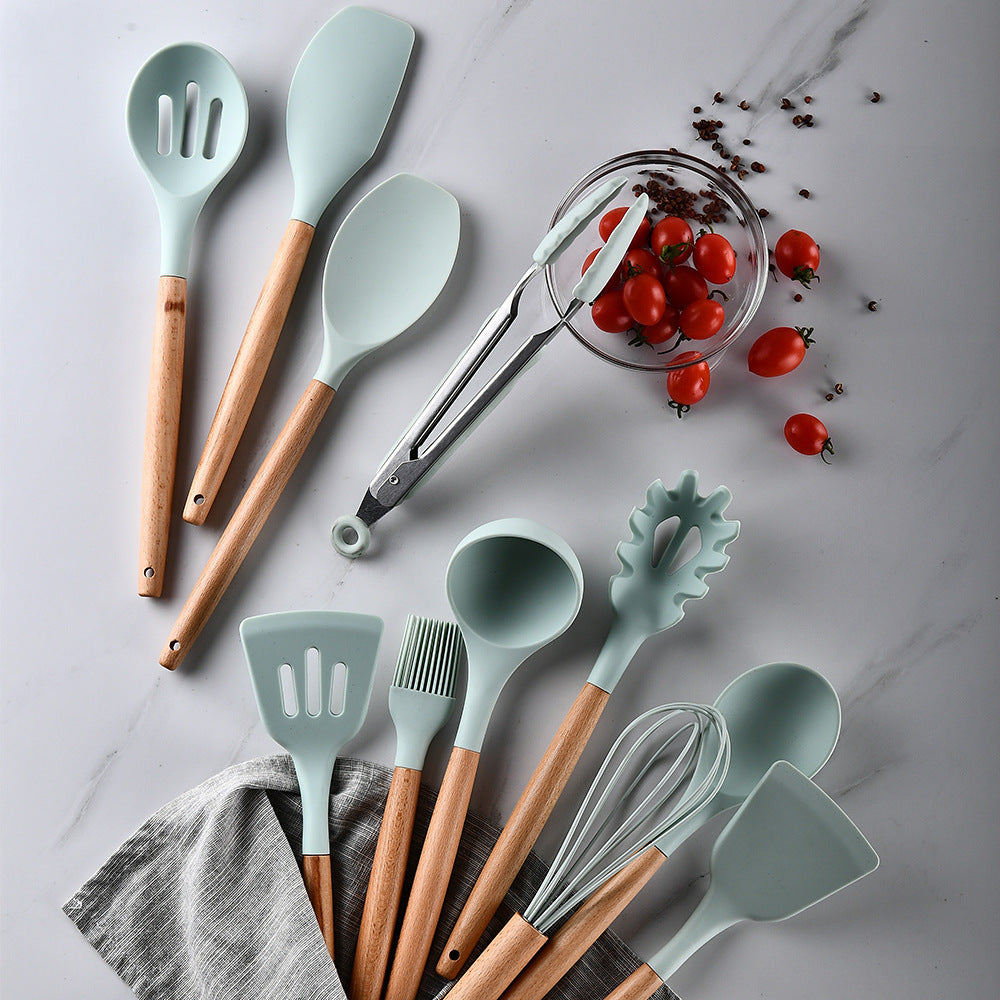Silicone Kitchen Utensil Set – Non-Stick Cooking Tools with Wooden Handles