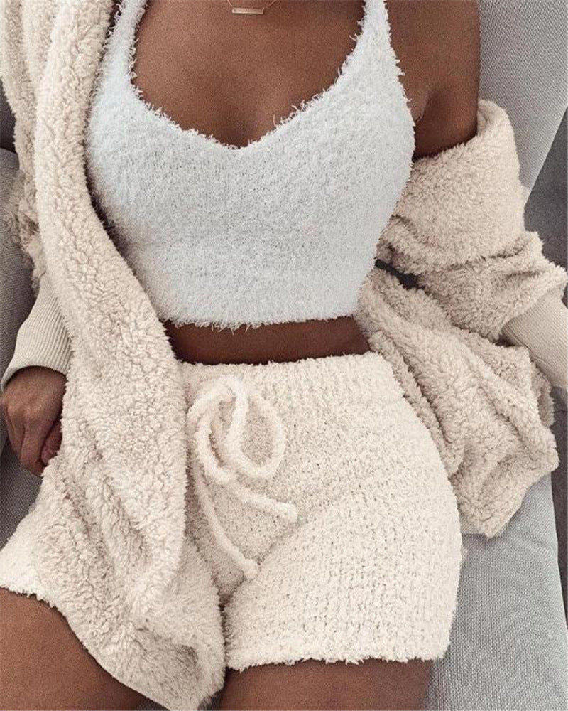 Cozy 3PCS Women’s Pajama Set – Trendy Crop Top & Shorts
