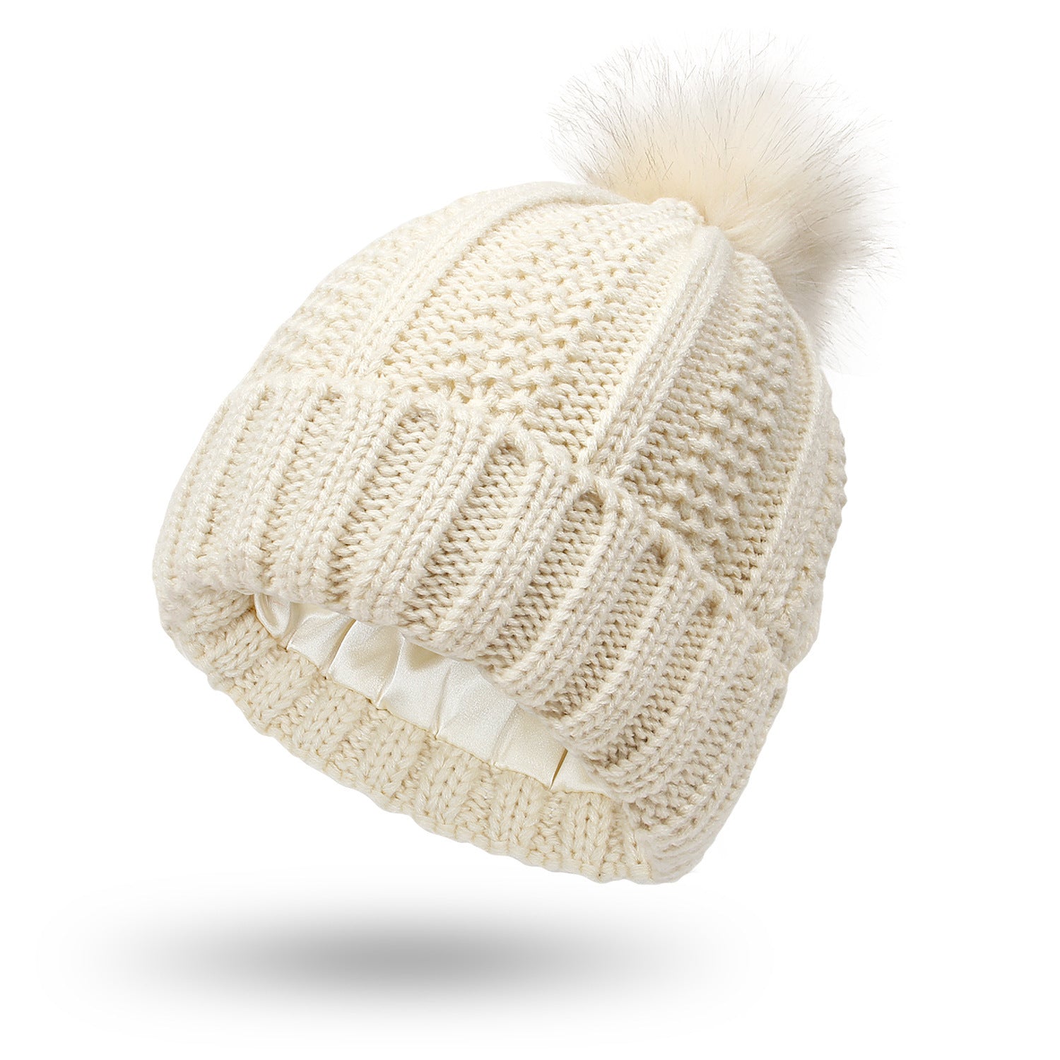 Women’s Winter Beanie – Satin Lined Knit Hat with Faux Fur Pom Pom