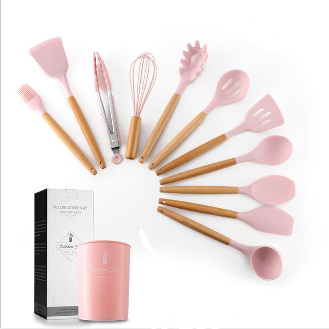 Silicone Kitchen Utensil Set – Non-Stick Cooking Tools with Wooden Handles