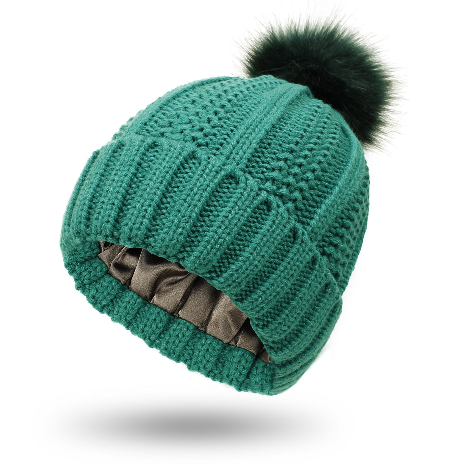 Women’s Winter Beanie – Satin Lined Knit Hat with Faux Fur Pom Pom