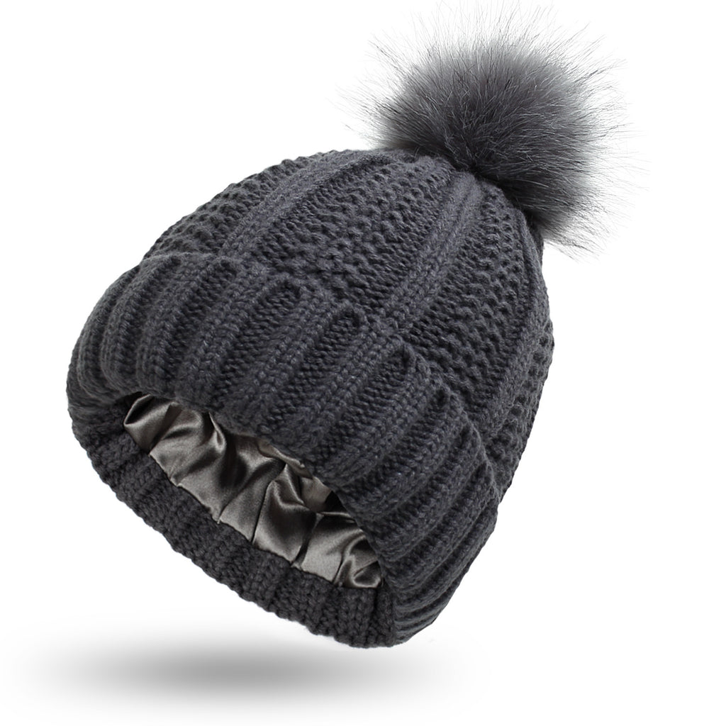 Women’s Winter Beanie – Satin Lined Knit Hat with Faux Fur Pom Pom