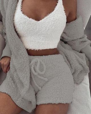 Cozy 3PCS Women’s Pajama Set – Trendy Crop Top & Shorts