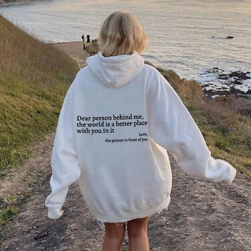 Women’s Plush Hoodie – “Dear Person Behind Me” Letter Print Sweatshirt