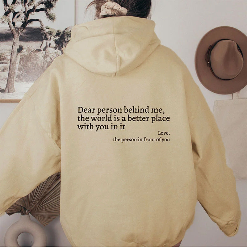 Women’s Plush Hoodie – “Dear Person Behind Me” Letter Print Sweatshirt