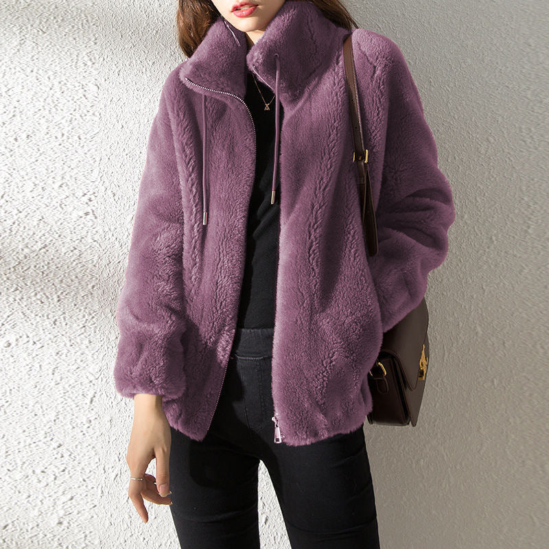 Women’s Double-Faced Fleece High Neck Cardigan – Warm Winter Sweater