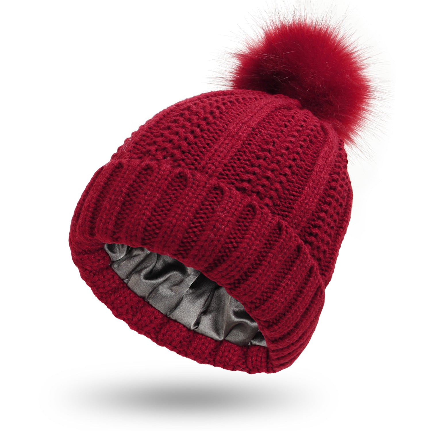 Women’s Winter Beanie – Satin Lined Knit Hat with Faux Fur Pom Pom