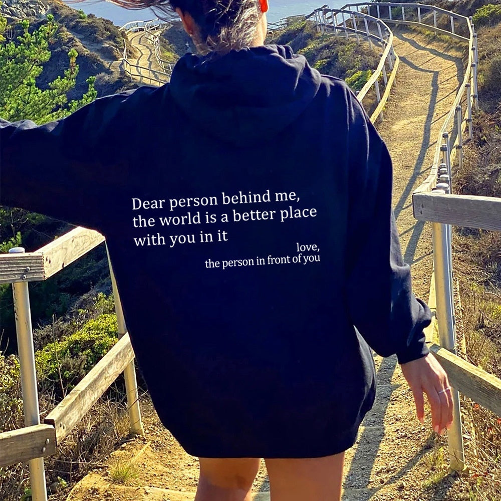 Women’s Plush Hoodie – “Dear Person Behind Me” Letter Print Sweatshirt
