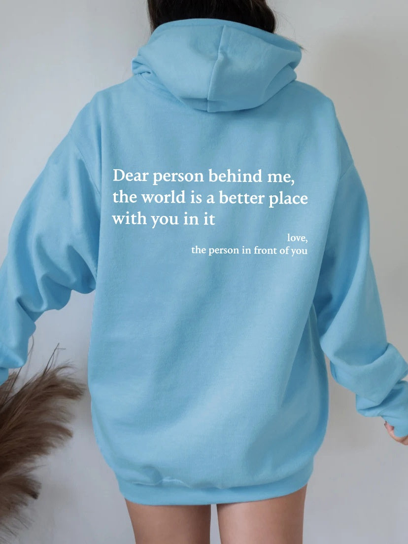 Women’s Plush Hoodie – “Dear Person Behind Me” Letter Print Sweatshirt