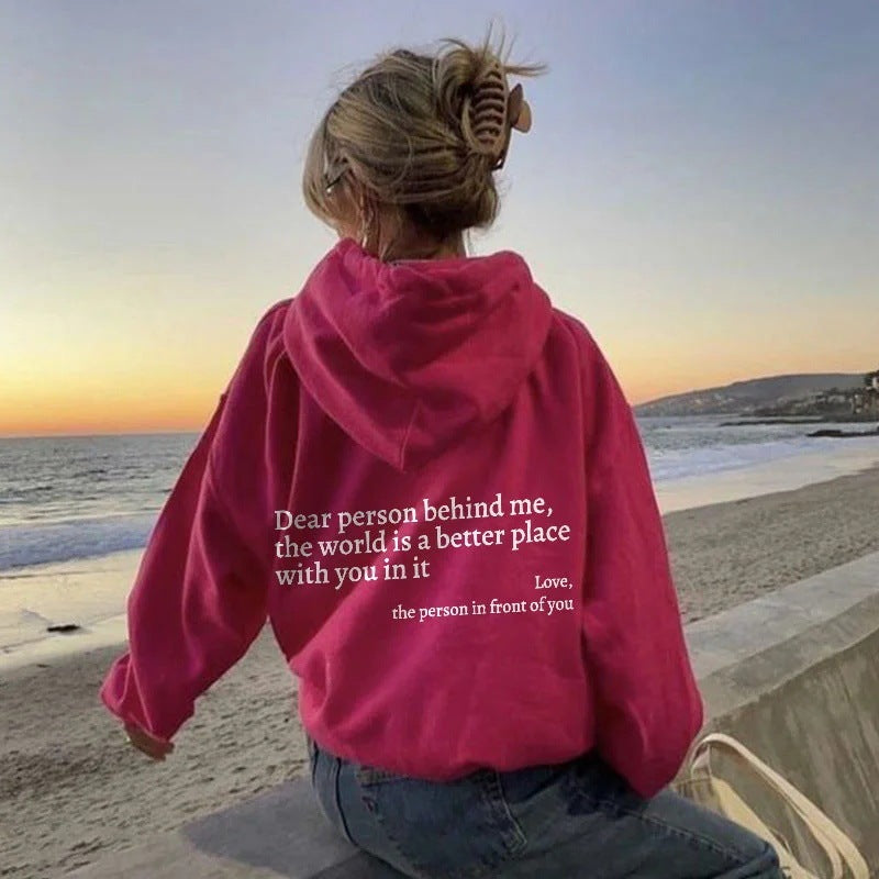 Women’s Plush Hoodie – “Dear Person Behind Me” Letter Print Sweatshirt