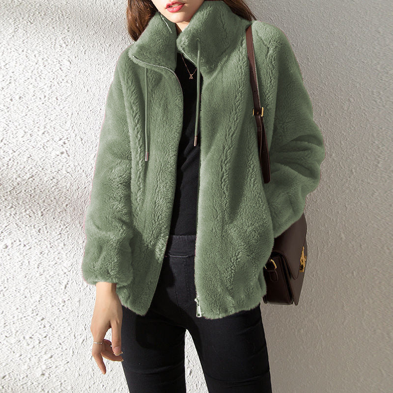 Women’s Double-Faced Fleece High Neck Cardigan – Warm Winter Sweater